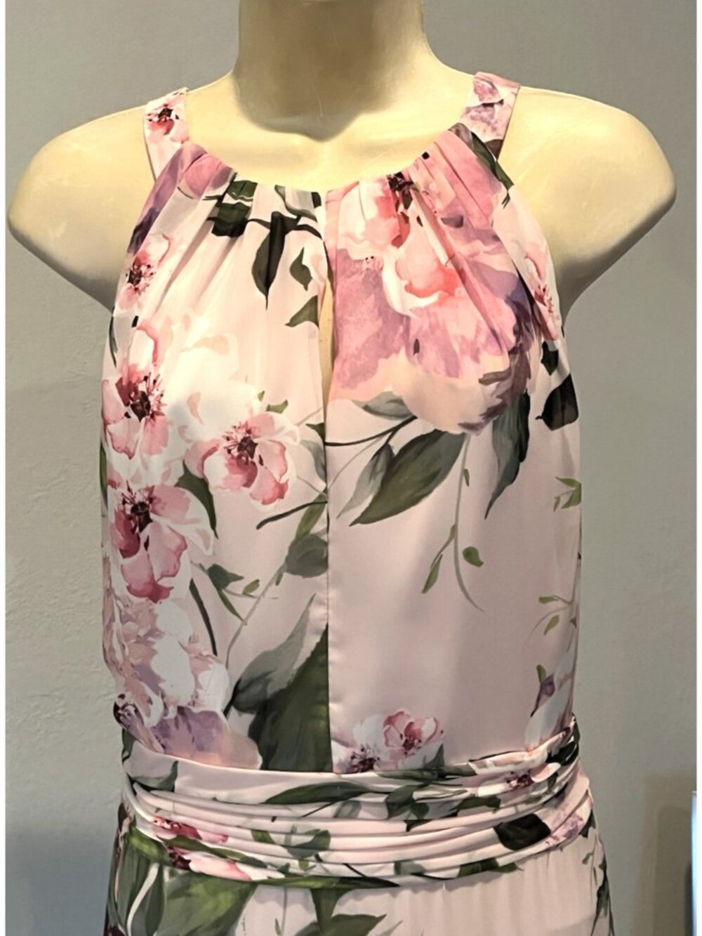 New Xscape Floral Pink Chiffon Halter Ruffled Prom Party Gown Maxi Dress - Picture 6 of 12